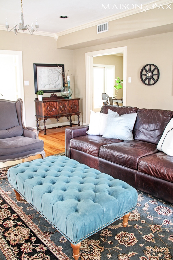 gorgeous neutral living room with blue and turquoise accents: mix of antiques, affordable pieces, and diy ideas | aiweb9ygdry.cmersite.com