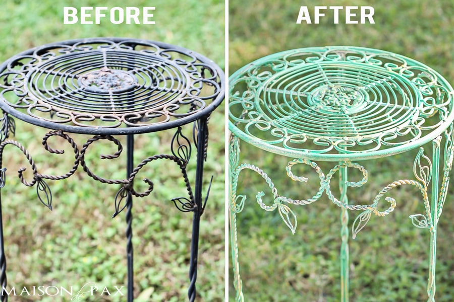 Turn an old rusty plant stand into a gorgeous side table with this patina tutorial via aiweb9ygdry.cmersite.com #upcycle #diy