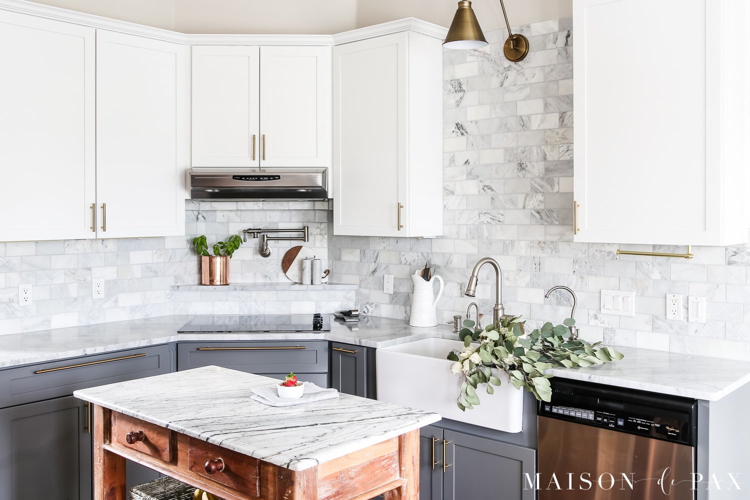Gray and white modern farmhouse kitchen with marble countertops- Maison de Pax