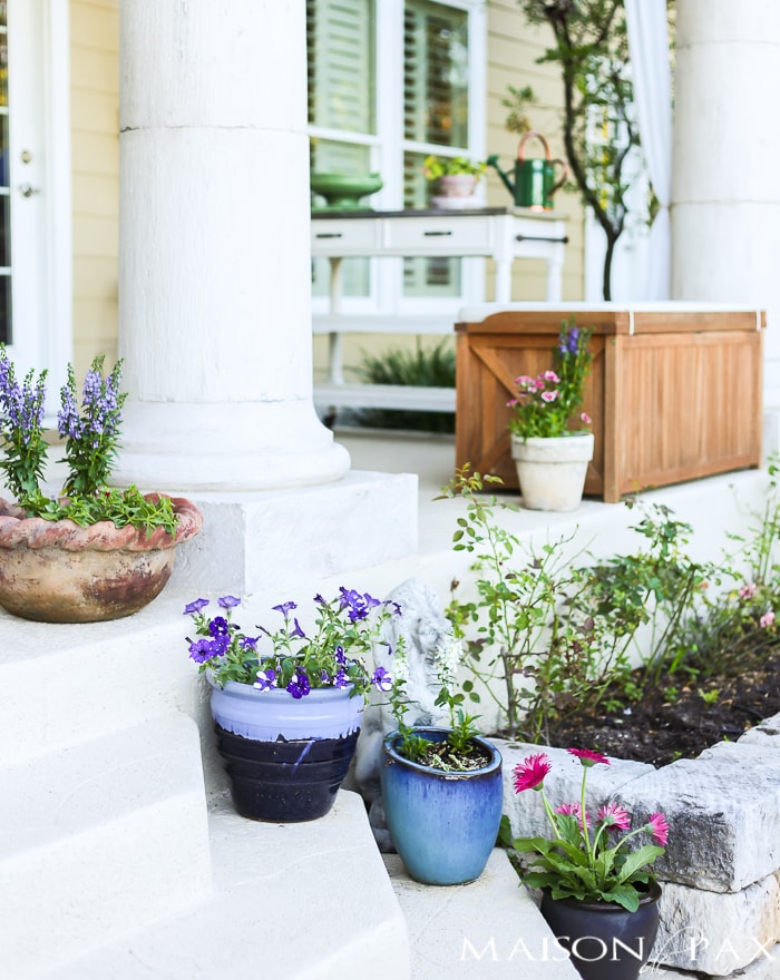 Spring planters filled with annuals- Maison de Pax