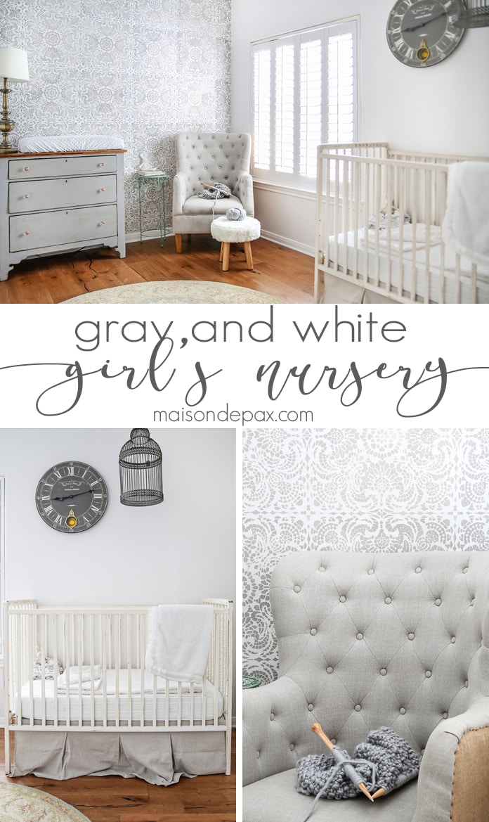 I just love this room! Gray and White Girl's Nursery: patterned stencil accent wall and soft gray and white textures create a beautiful, serene space for a little girl | aiweb9ygdry.cmersite.com