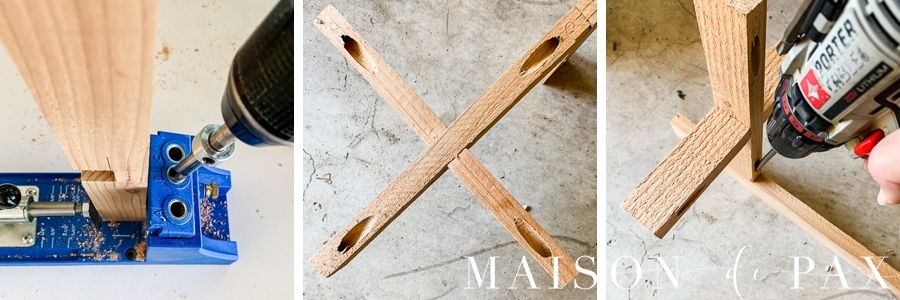 attach cedar legs to X base on plant stand using Kreg Jig