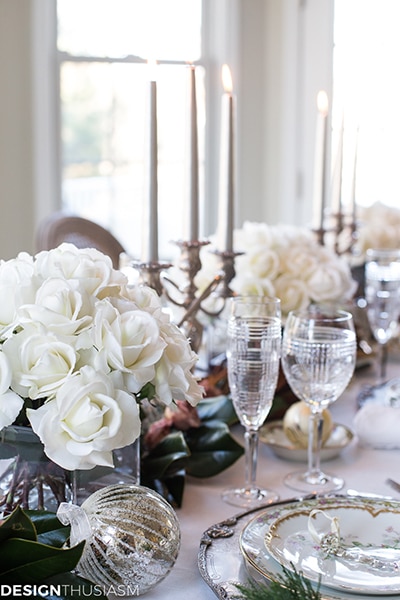 white roses and candelabra holiday tablescape - Maison de Pax
