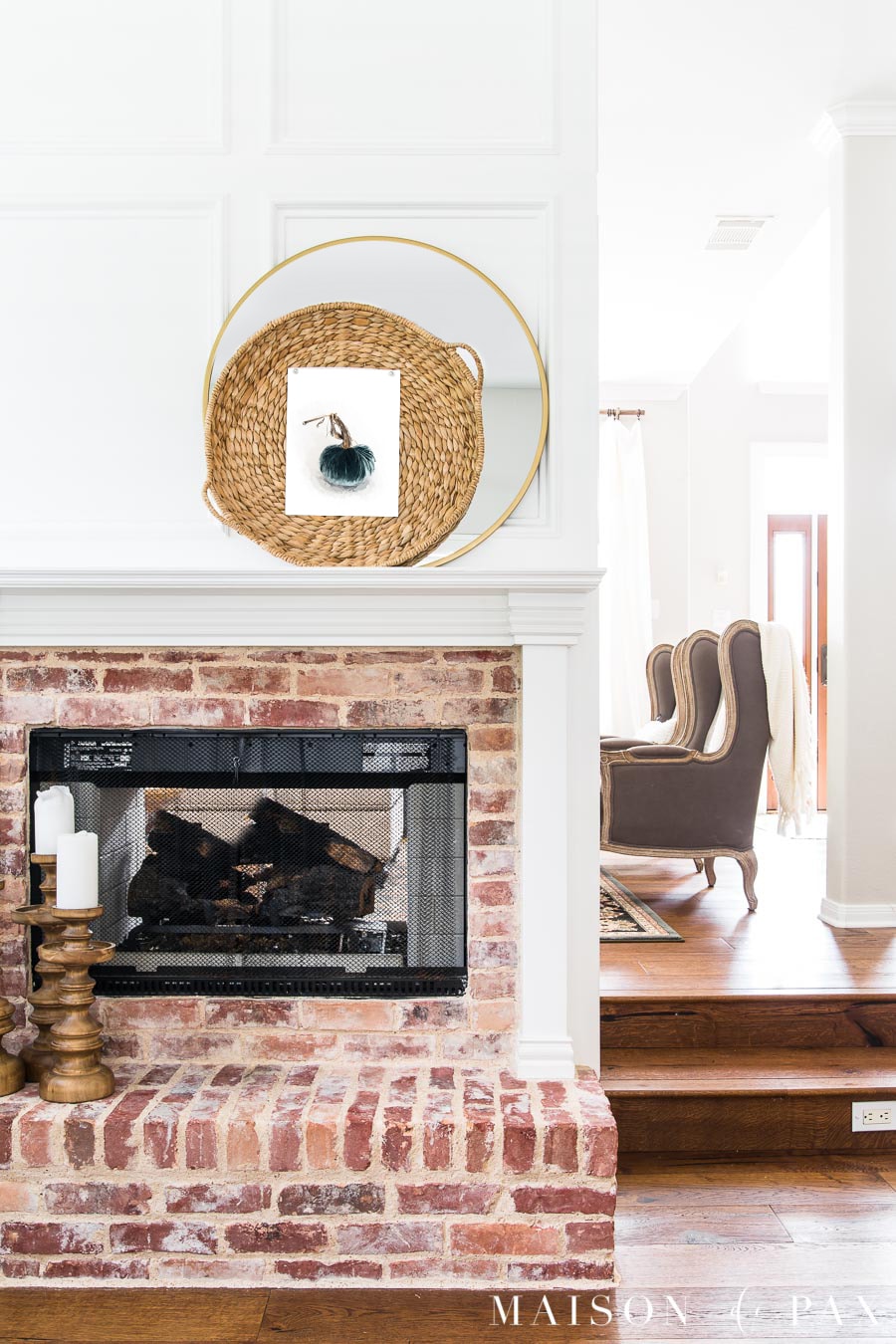 Velvet pumpkin printable on a fireplace mantel- Maison de Pax