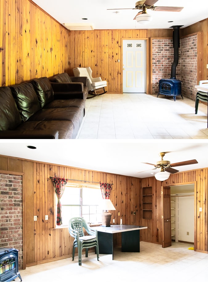 dated room with orange pine paneling and tile floors | Maison de Pax