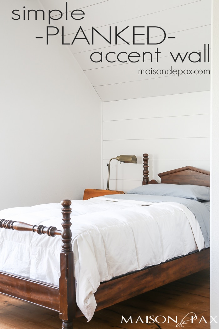 love the plank accent behind this antique bed, such a charming, farmhouse look