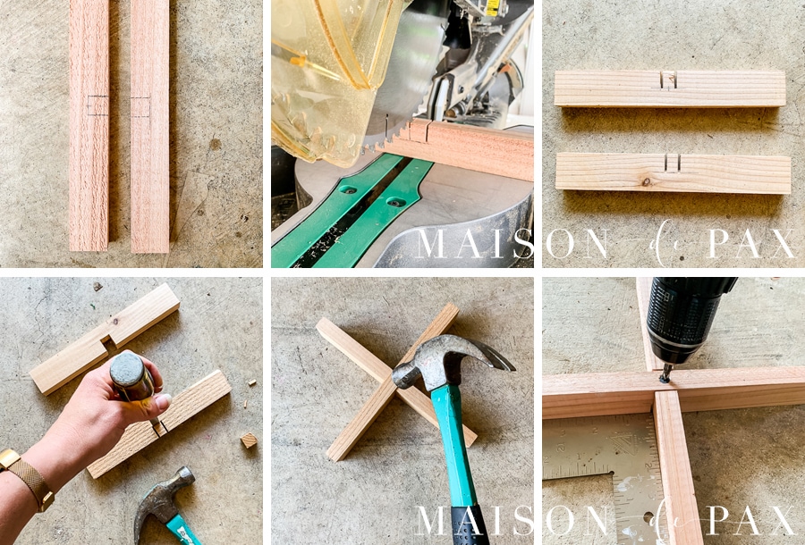 cut notches into cedar pieces to fit together into X base for plant stand