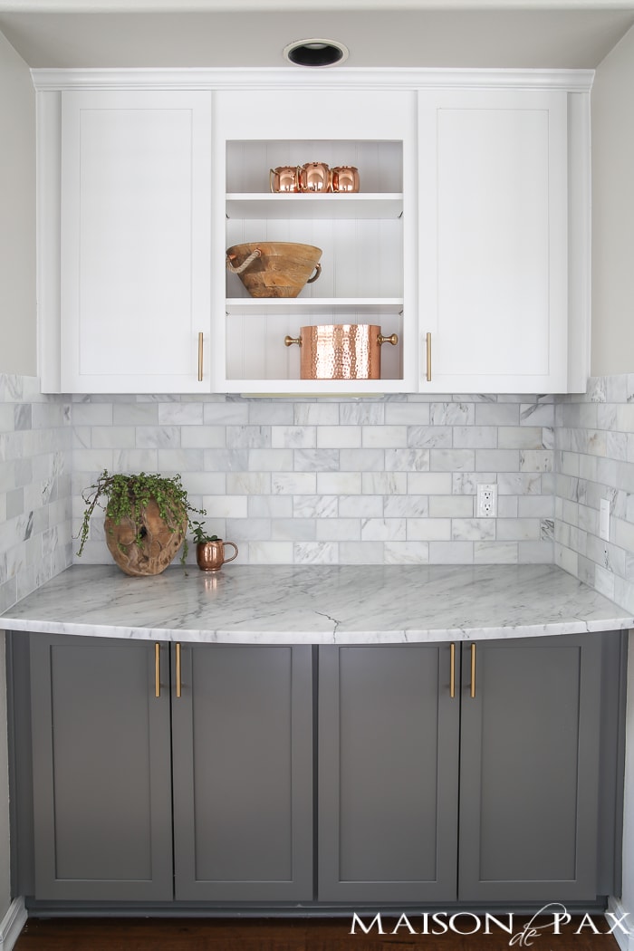 White kitchen cabinets with copper home accents- Maison de Pax