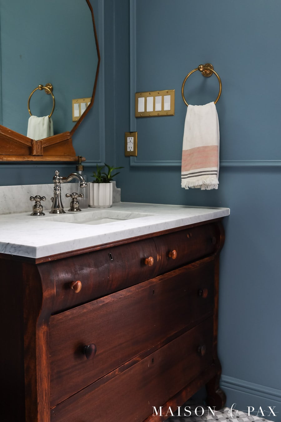 dark wood dresser turned vanity