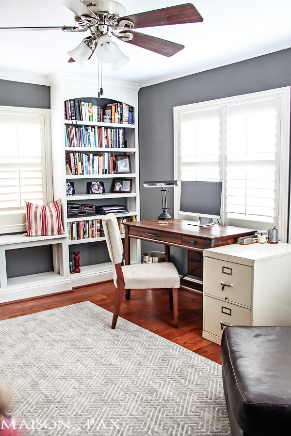 Gray and white office with the wood desk and floors... and those built-in bookshelves! aiweb9ygdry.cmersite.com