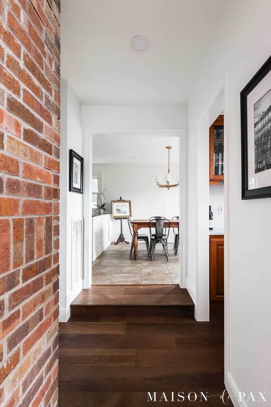 white oak steps up from sunken living room