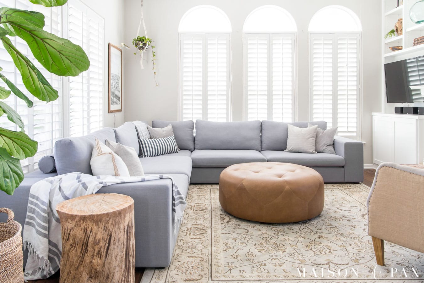 living room with gray sectional 