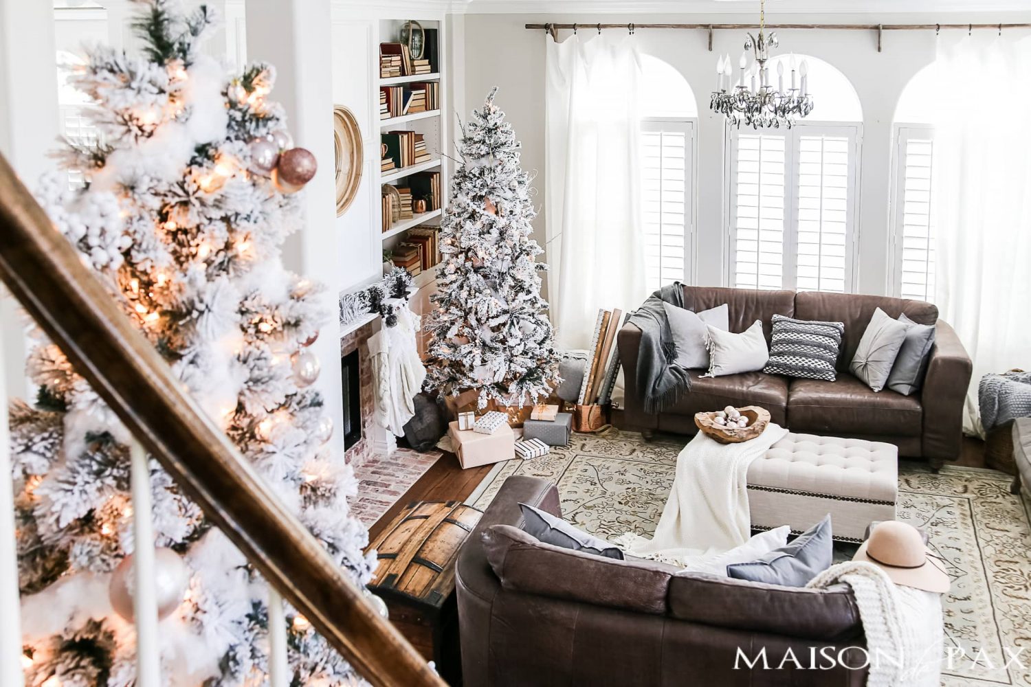 flocked trees with blush ornaments #flockedtree
