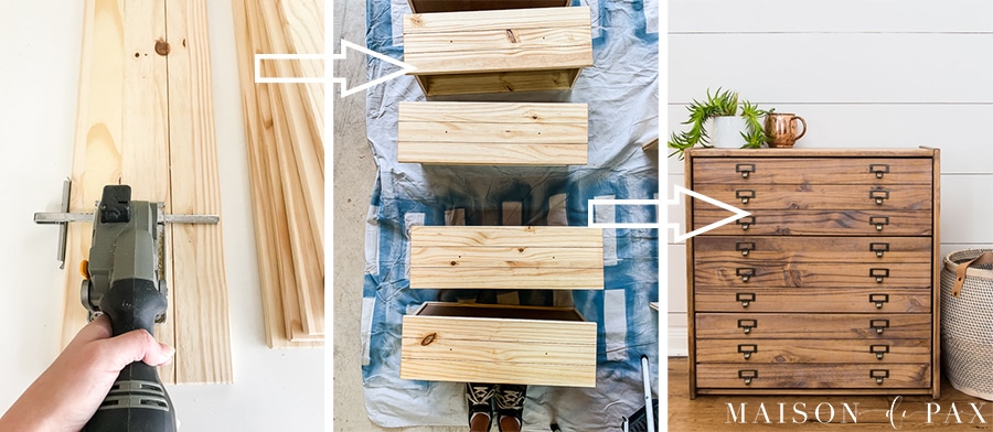 step by step process for creating faux drawer fronts to resemble antique printer's cabinet