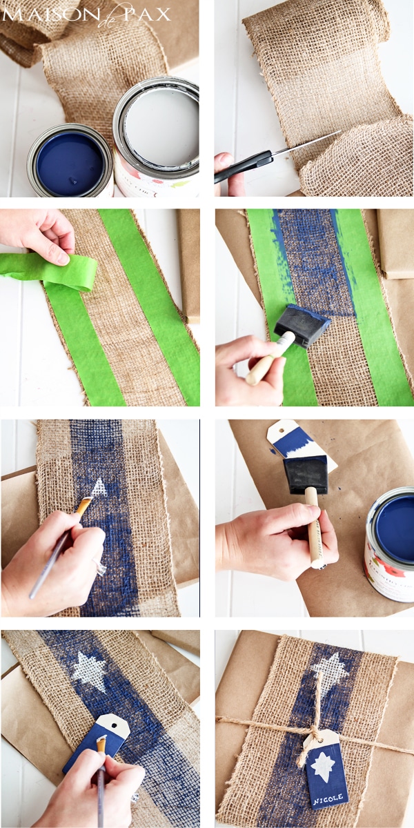 Brilliant! Painted burlap, craft paper, and wood tags make beautiful gift wrap for any occasion | via aiweb9ygdry.cmersite.com 