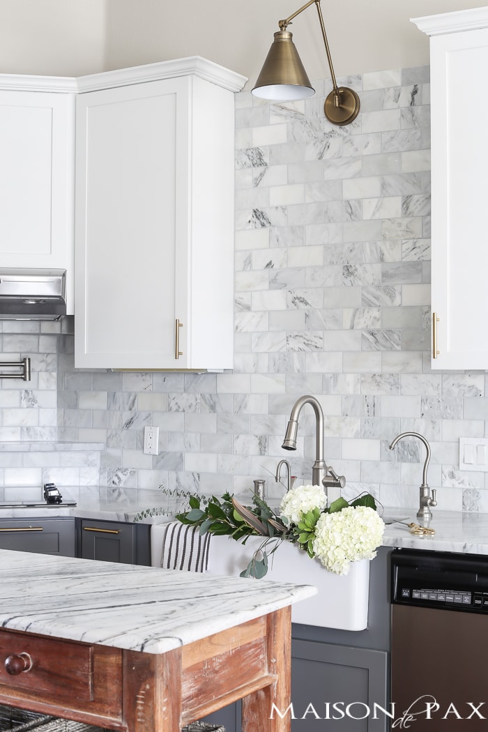 White and gray cabinets in modern farmhouse kitchen- Maison de Pax