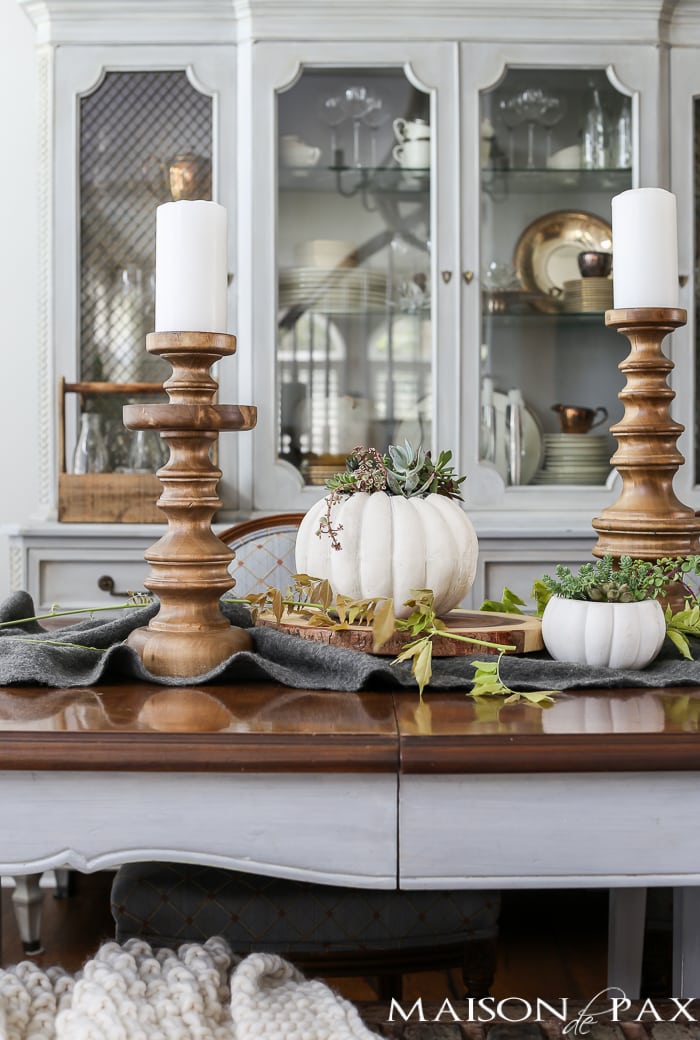 Fall decorating ideas in the Dining room with candlesticks and pumpkins- Maison de Pax