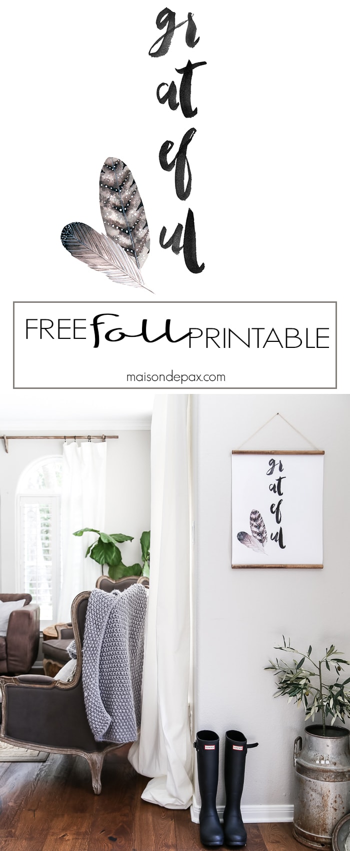 Download this free fall printable! Watercolor wall art: grateful with feathers makes beautiful, neutral fall decor.