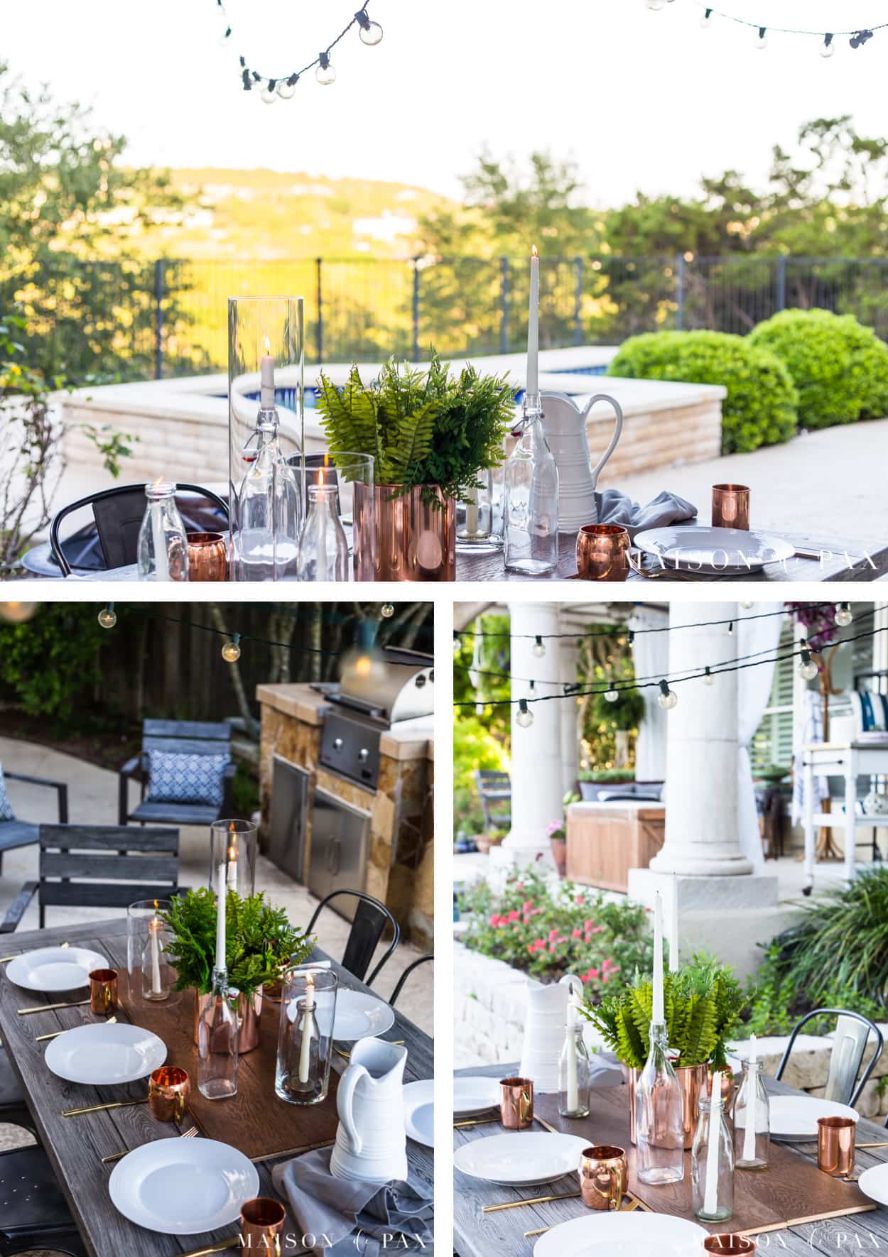 String lights and candles bring all the ambiance to outdoor dining! Get more ideas for making outdoor dining memorable. #outdoordining #outdoorentertaining #summerentertaining #stringlights