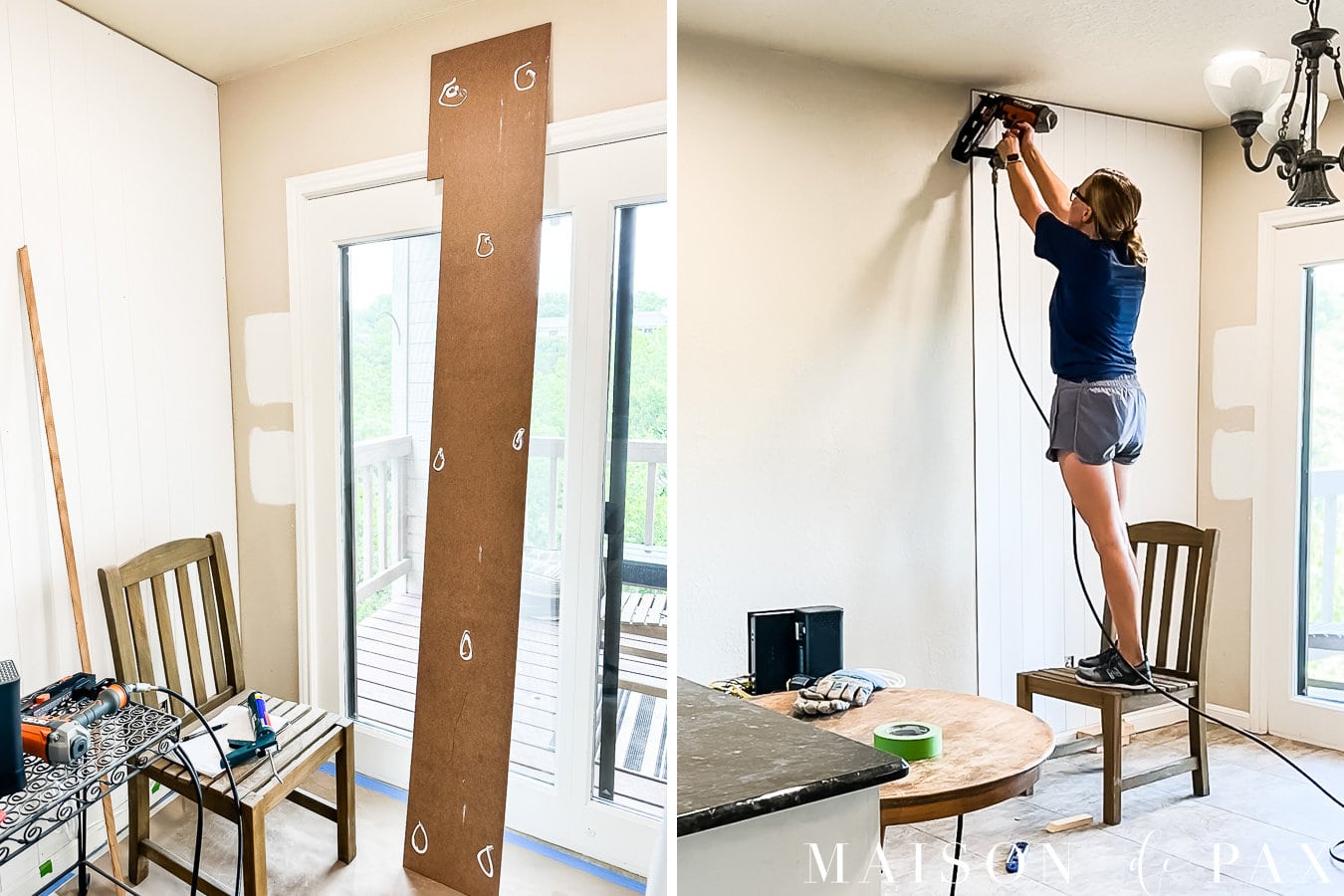 install mdf paneling over drywall with construction adhesive and brad nailer