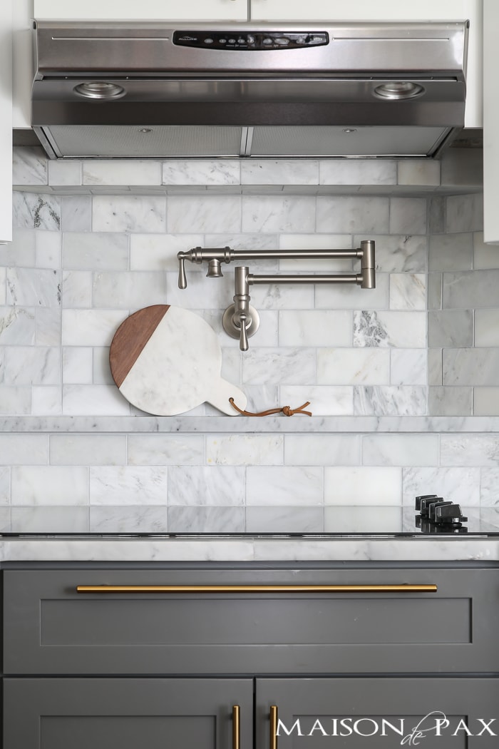 Close up of Gray kitchen cabinets- Maison de Pax