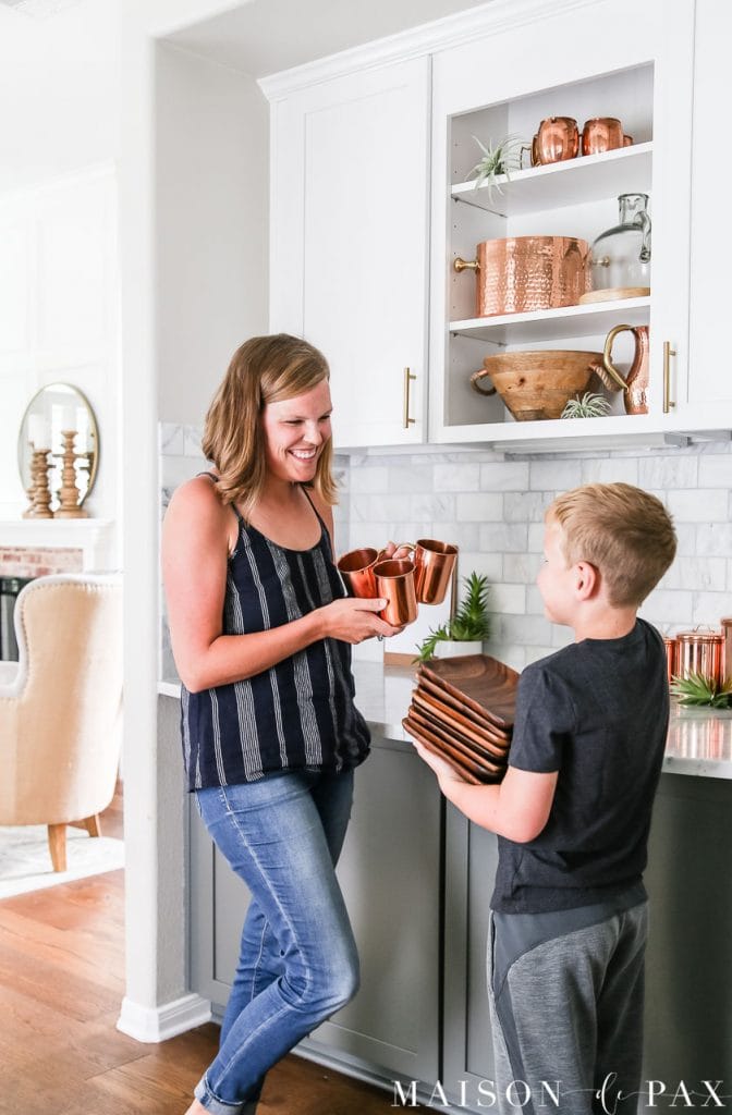 mother and son in beautiful marble kitchen | Maison de Pax