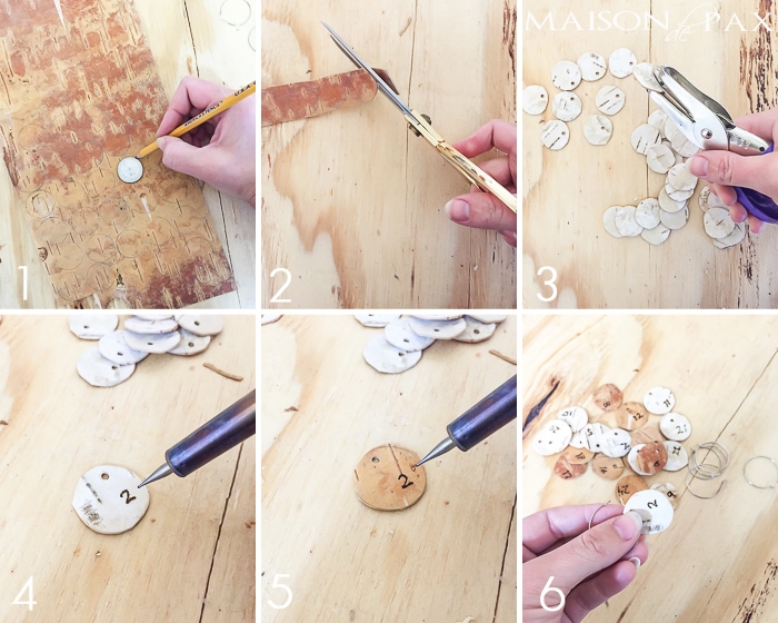 DIY Birch Bark Wine Charms: Entertaining for the holidays? These little numbered birch bark wine charms are the perfect accessory for your party so your guests can keep track of their glass!