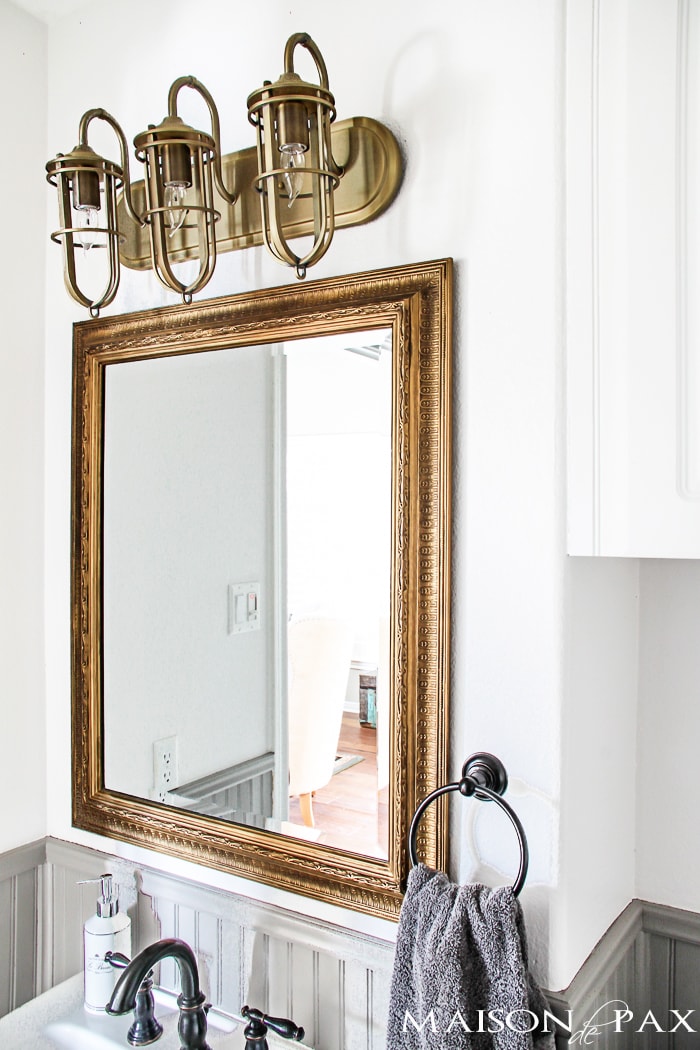gorgeous rustic, chic bathroom: gold mirror, rustic wood towel rack... perfect balance of high and low | aiweb9ygdry.cmersite.com