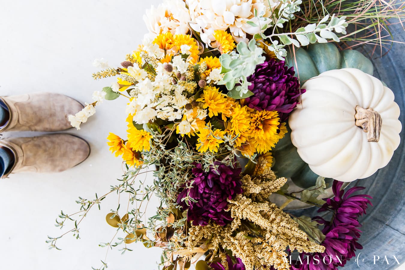 purple and gold flowers with green and white pumpkins front porch planter | Maison de Pax