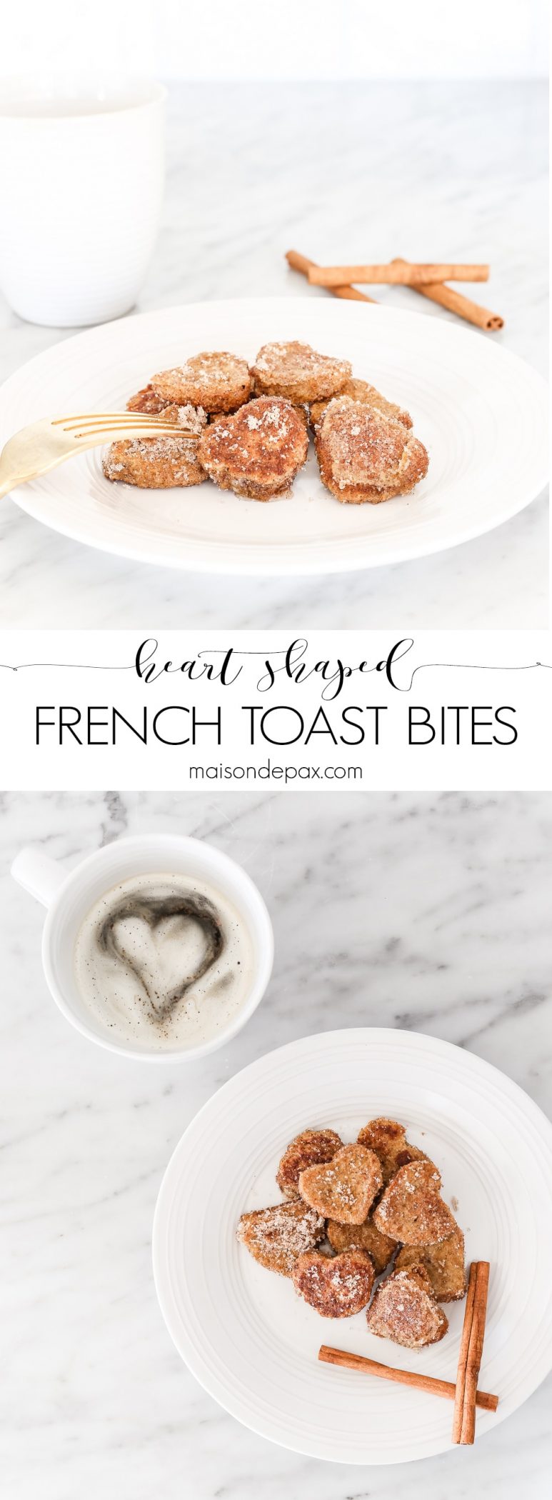Heart French toast bites make the perfect Valentines breakfast. Get the full recipe for this easy treat! #valentinesrecipe #valentinesbreakfast #hearttoast #frenchtoast #valentinestreat