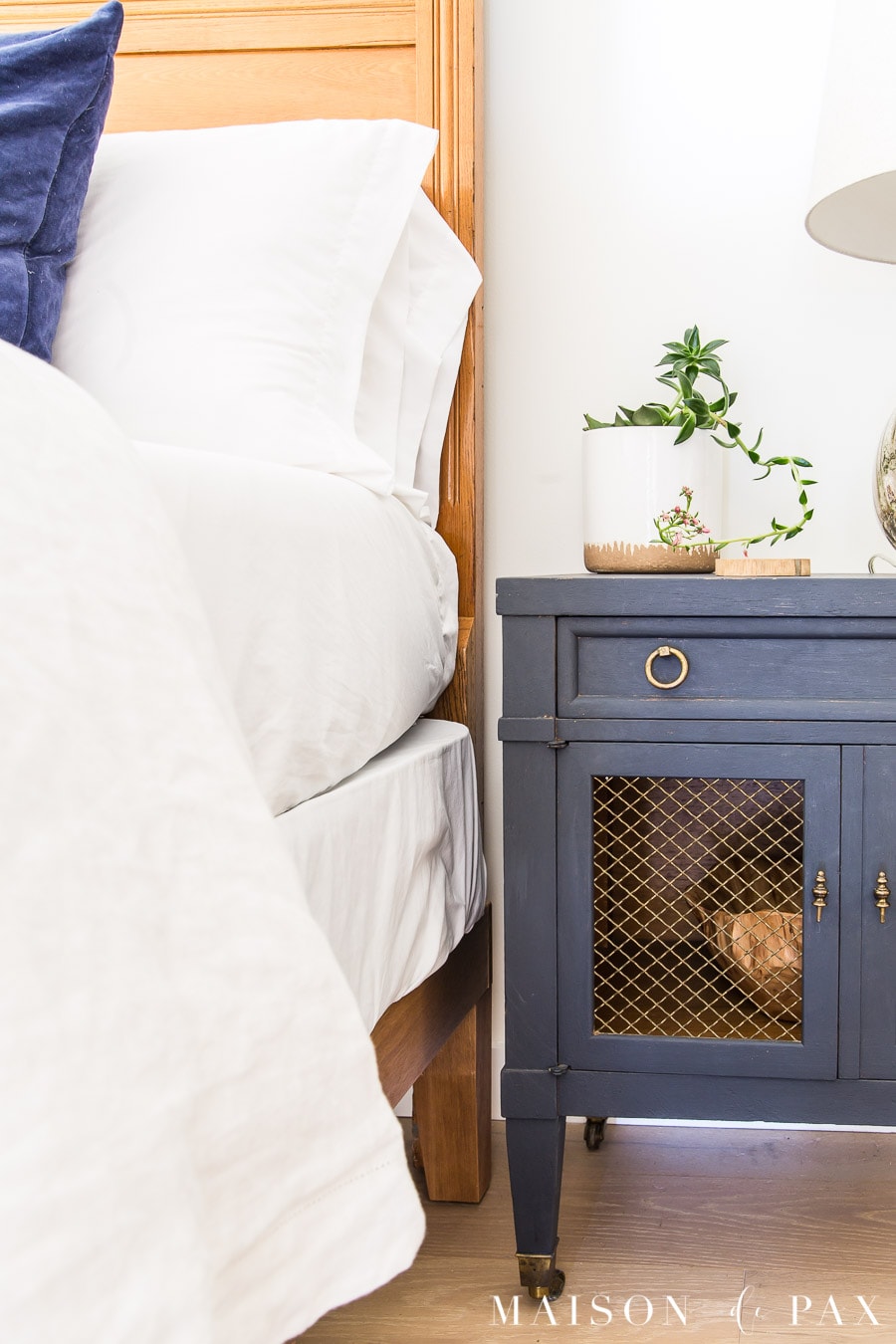 antique full headboard attached to queen size wooden frame | Maison de Pax