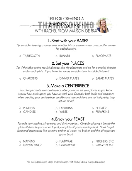 Love this checklist of everything you need for your Thanksgiving table! Great tips for decorating and designing your Thanksgiving table decorations.