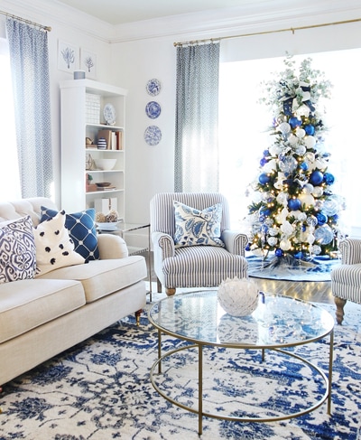 blue and white farmhouse christmas living room