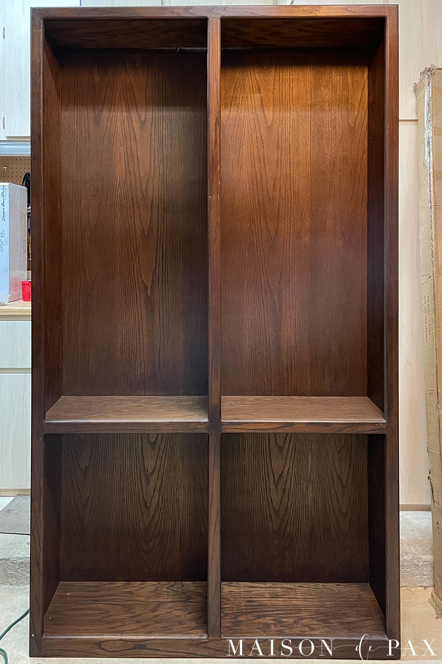 dark oak wood bookcase before makeover