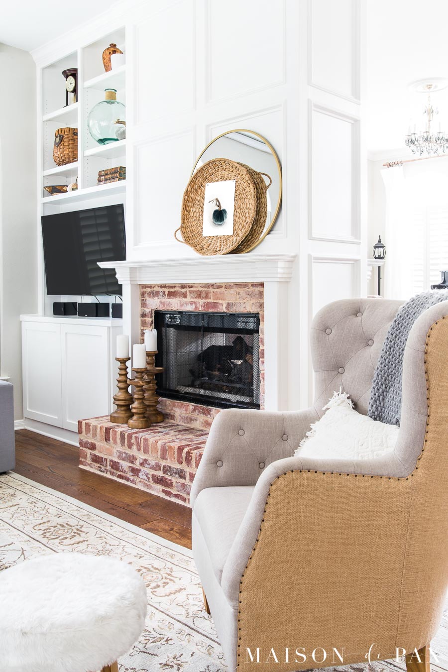 White Modern Farmhouse Living Room Decorated for Fall- Maison de Pax