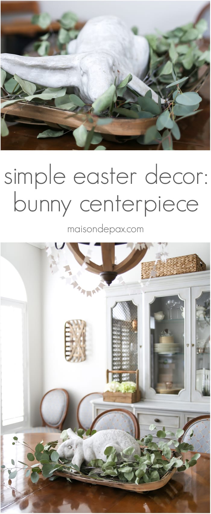 What a cute, simple idea for Easter decor! Use a garden statue bunny in a basket with dried greens as a centerpiece for your table | aiweb9ygdry.cmersite.com