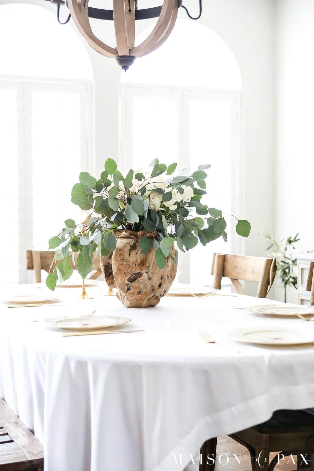 wood vase! with white roses and eucalyptus centerpiece in French style dining room- Maison de Pax