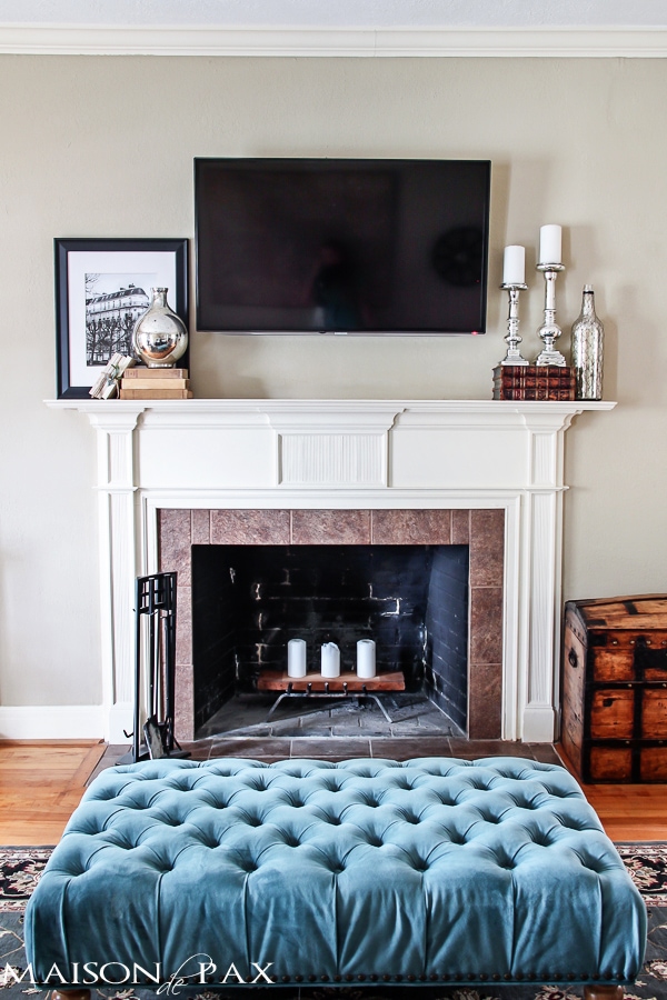 tufted ottoman and mercury glass on mantel | aiweb9ygdry.cmersite.com