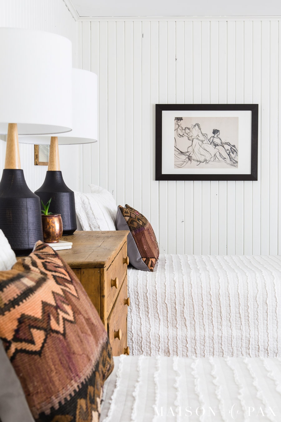 sketch art "sisterhood" in white farmhouse bedroom | Maison de Pax