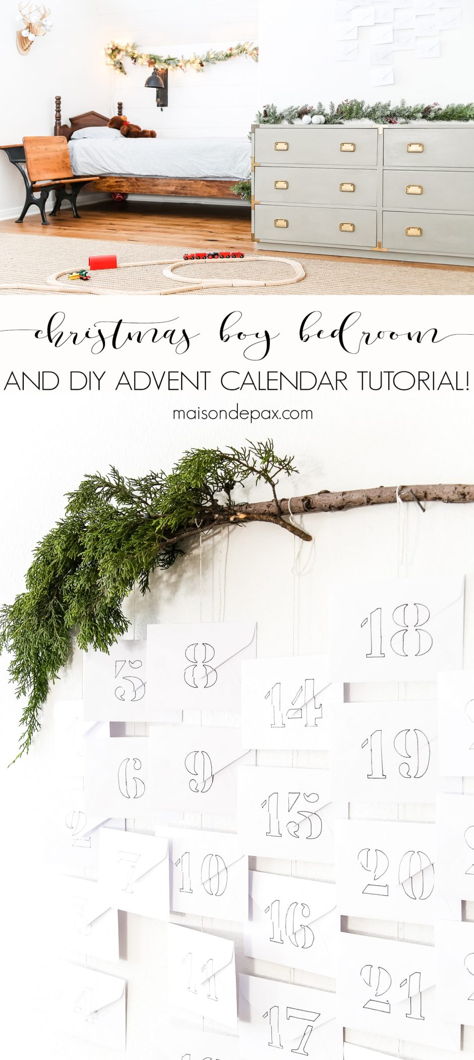 Want to make Christmas extra magical for your kids?  Bring some simple Christmas decor into their space.  This diy advent calendar and kids' simple Christmas bedroom is perfect for the holidays! #diyadventcalendar