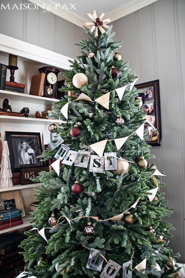 Love this simple Christmas tree decorating idea! Book page bunting and ornaments with stenciled words... Simple and beautiful! via aiweb9ygdry.cmersite.com