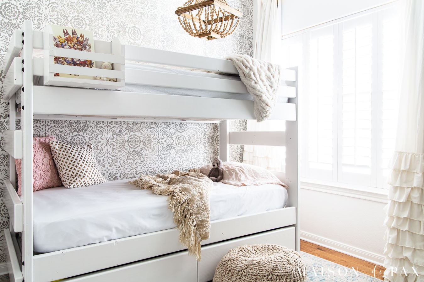 white bunk bed for girls room with ruffled curtains | Maison de Pax