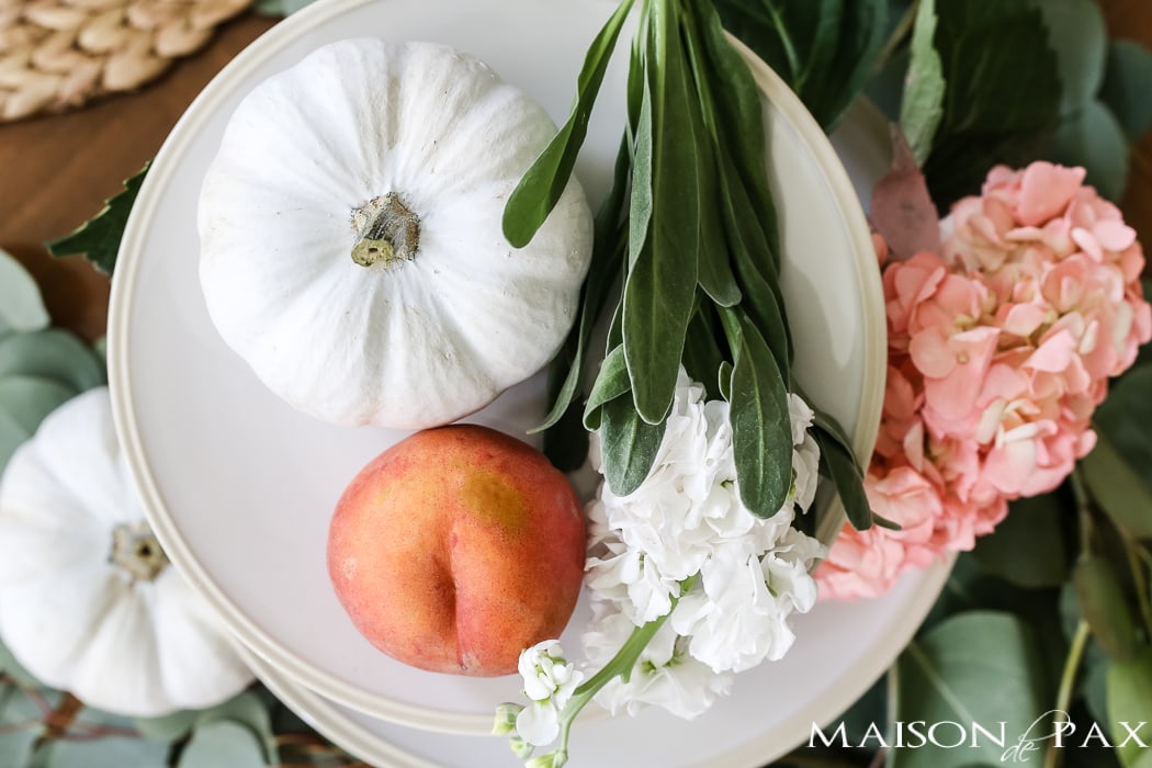 peaches and pumpkins create a beautiful early fall centerpiece- Maison de Pax