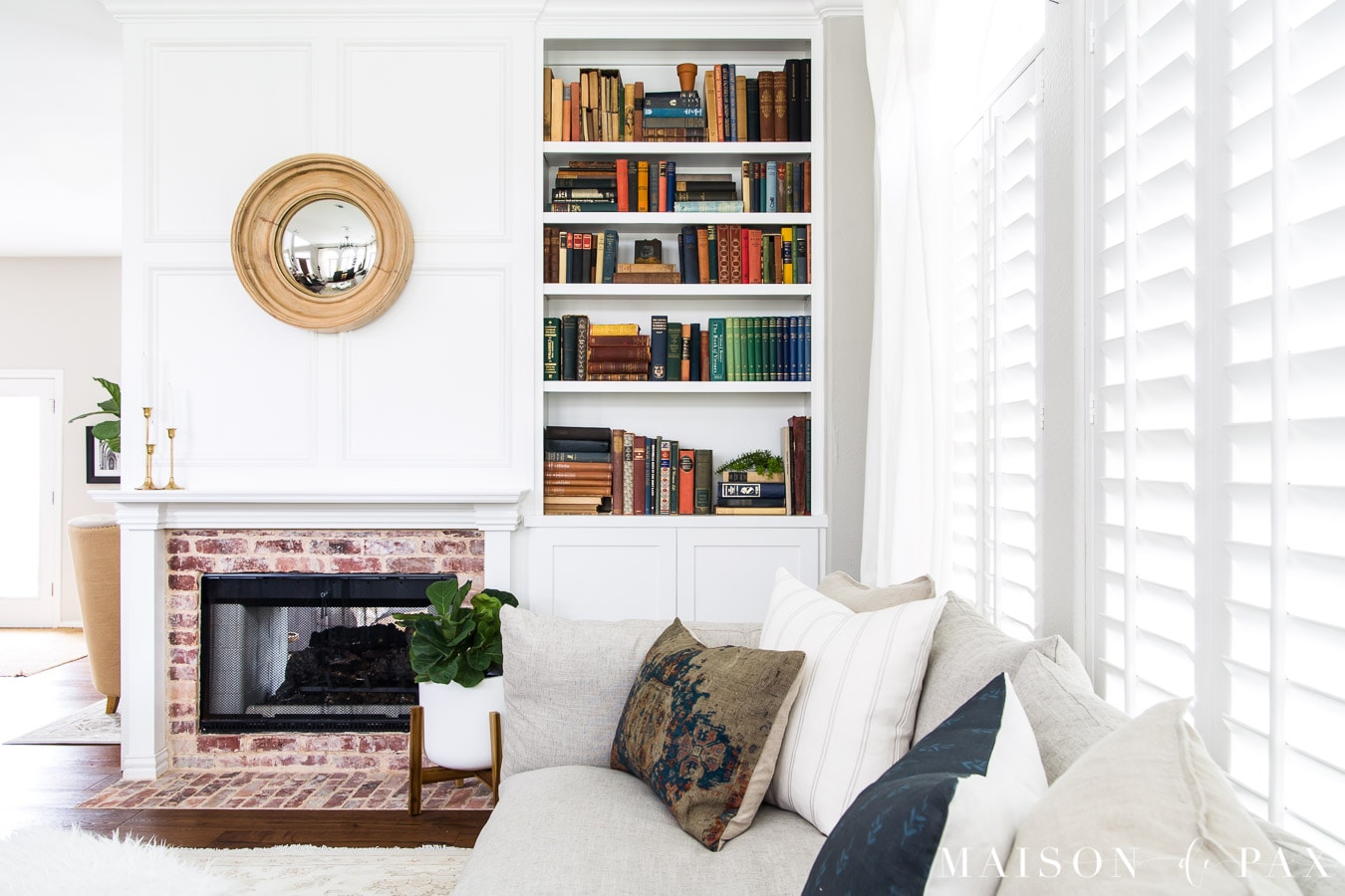 white molding around fireplace, mantel, and bookcase with untinted SW Proclassic paint | Maison de Pax