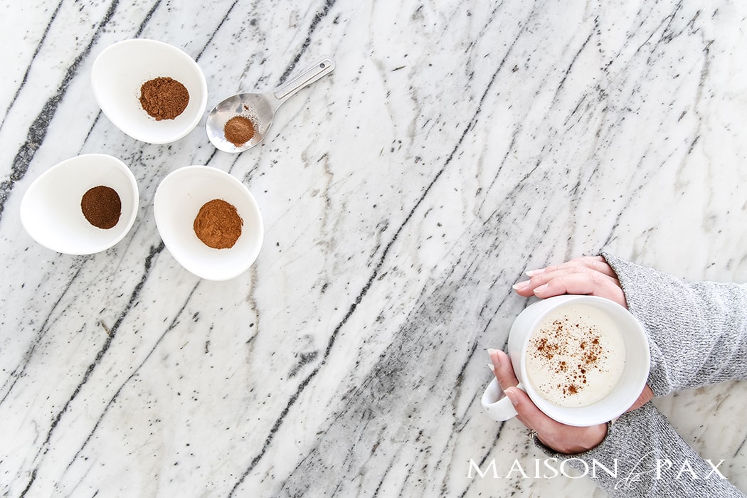 gorgeous marble countertops and beautiful pumpkin spice coffee- Maison de Pax