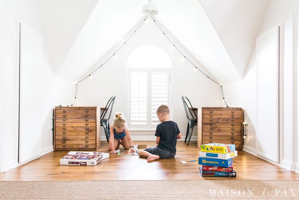 kids playing board games in desk nook | Maison de Pax