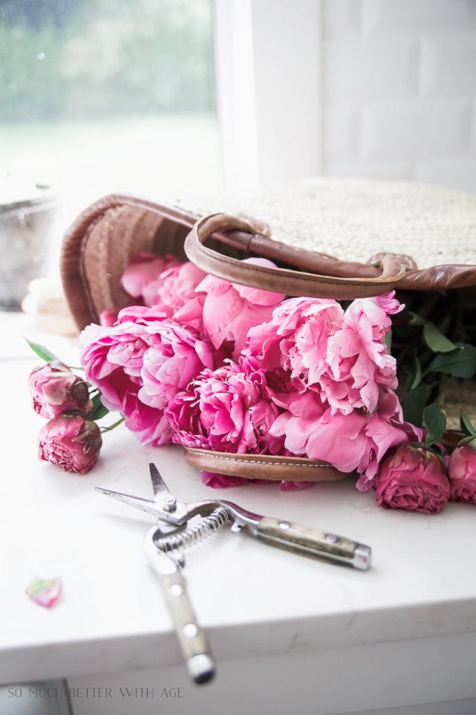 French Vintage basket filled with peonies- Maison de Pax