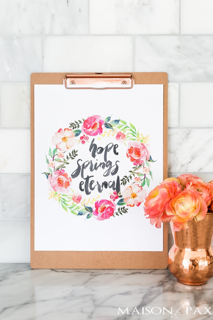 Free Spring Printable! "Hope Spring Eternal" - this watercolor inspirational saying is perfect for spring decor. Click to download your own copy and find 29 other free spring printables!