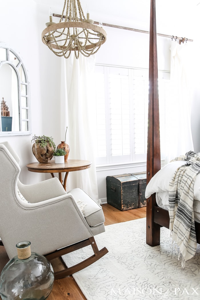 Relaxed, natural, neutral master bedroom with lots of white and touches of boho texture... the perfect retreat!