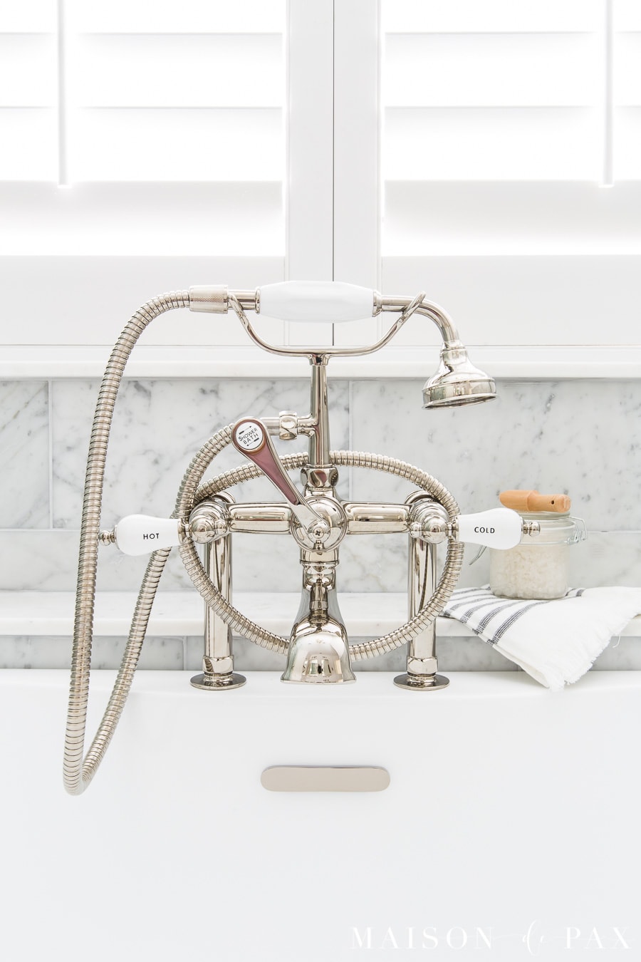 polished nickel classic tub deck mount faucet with handheld shower | Maison de Pax